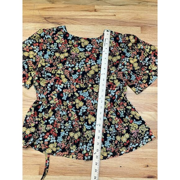 Madewell Women's M Yellow Blouse Polyester Top Floral Peplum Wrap Boho V-Neck - Picture 7 of 9